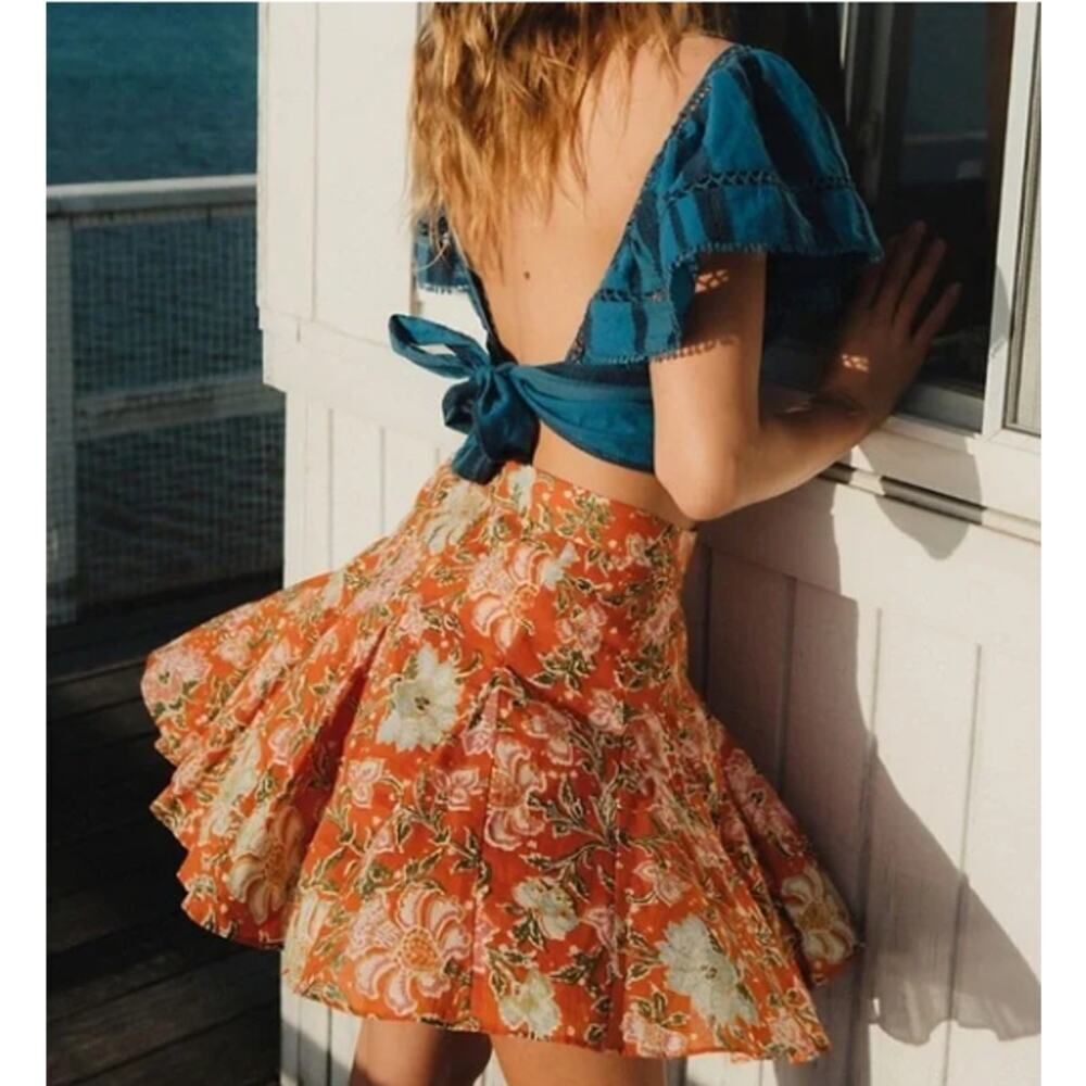 Women's Floral Orange Flare Skirt